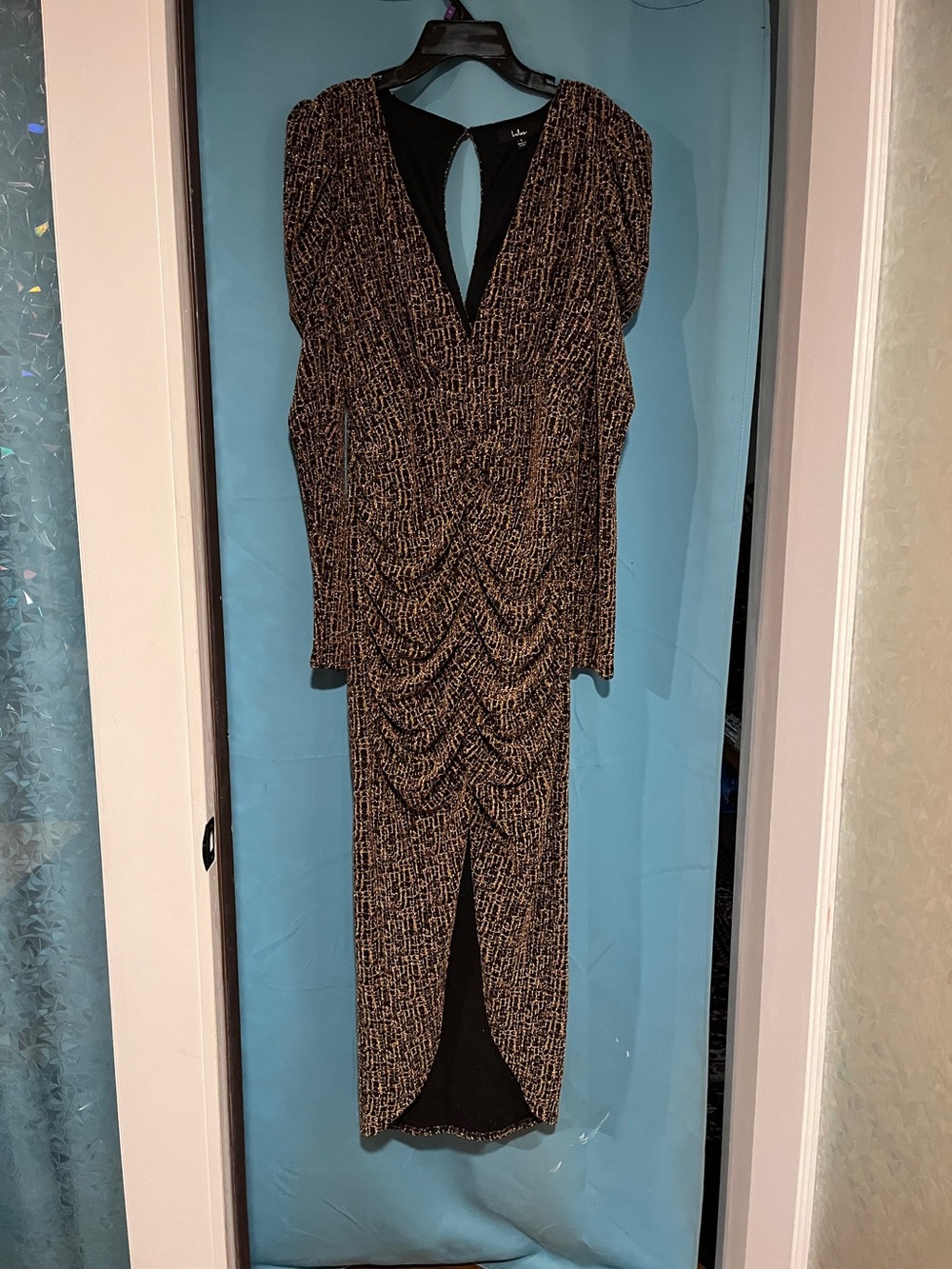 Women's Black and Gold Ruched Midi dress